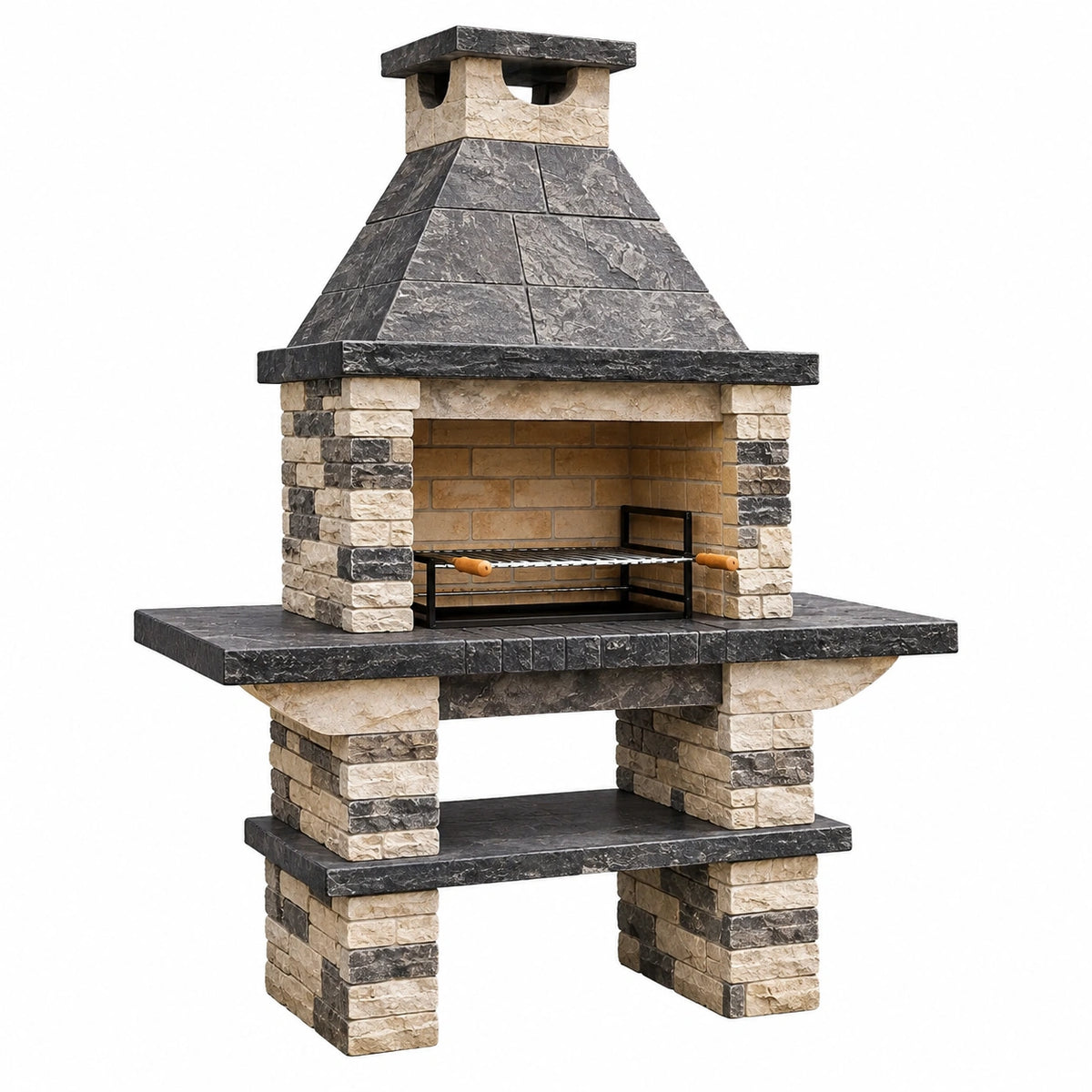 Gartenkamin 120 x 80 x 230 cm aus Stein Beige Anthrazit mit Grillrost