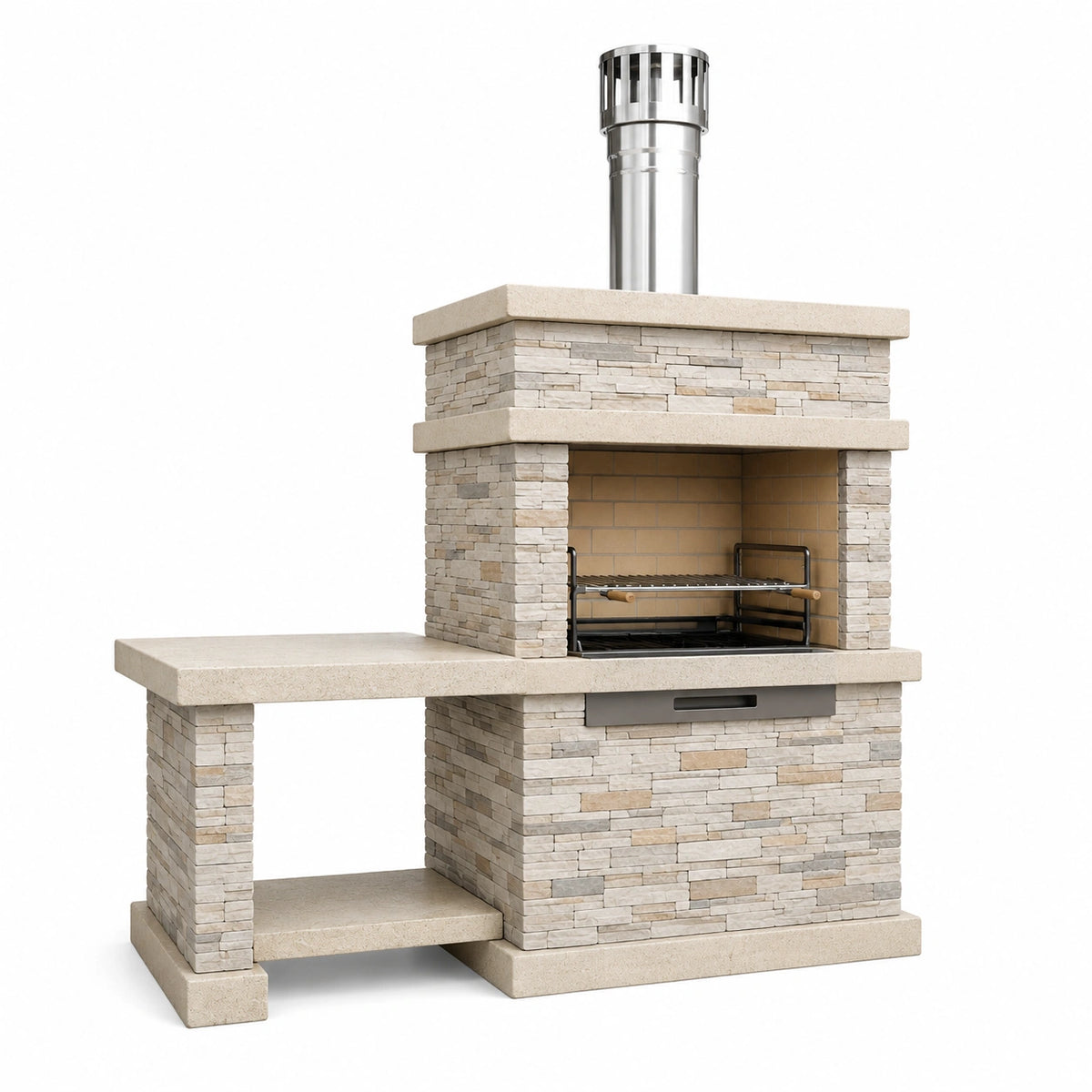 Gartengrillkamin 150 x 70 x 220 cm aus Stein Beige mit Edelstahlkamin für den Außenbereich
